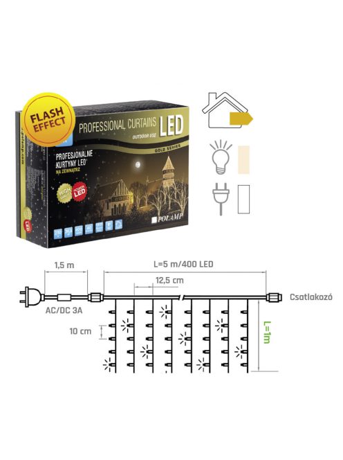 LED fényfüggöny PRO FLASH 5x1méter, meleg fehér, fehér kábellel, POLAMP